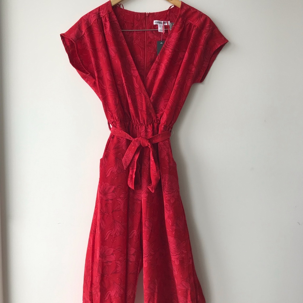 Chinese One Piece V Neck, Wide Leg Red Jumpsuit